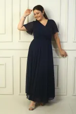 Kadın Kruvaze Yaka Önü Düğümlü Pulpayet Detaylı Astarlı Büyük Beden Uzun Şifon Elbise