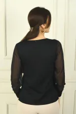 Kadın Merdiven V Yaka Kolları Şifon Kazak