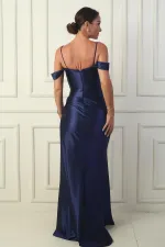 Kadın İp Askılı Düşük Kol Önü Drapeli Pencereli Astarlı Uzun Saten Elbise