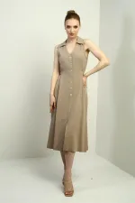 Kadın Polo Yaka Ön Pile Düğme Detaylı Midi Keten Elbise