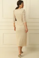 Önü Fiyonklu V Yaka Uzun Kol File Kumaş Elbise