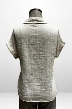 Kadın Polo Yaka Kendinden Desenli Keten Gömlek