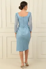Square Neck, Lined, Slit, Long Mesh Sleeve Dress