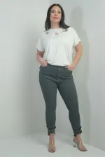 Kadın Dar Paça Taş Ve Püskül Detaylı Likralı Büyük Beden Kanvas Pantolon