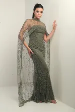 Women's Strapless Stone-Sequin Embroidered Cape-Lined Long Evening Dress