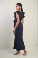 Women's Long Dress with Embroidered Roses on the Shoulder, Lined, Front Slit and Ruffles