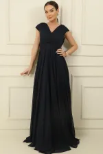 Robe longue en mousseline de soie doublée, col croisé, évasée et en tulle