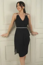 Kadın Çift İp Askılı Üstü Şifon Kemerli Kısa Krep Elbise