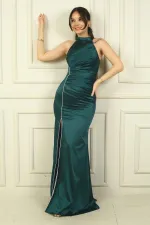 Women's Halter Neck Lined Long Satin Dress with Gathered Front and Stone Embellishments