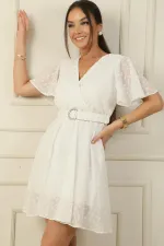 Double-breasted Collar, Flounced Sleeves, Lined, Floral Embroidered, Waist Belted Dress