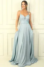 İp Askılı Astarlı Simli Uzun Abiye Elbise