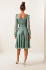 Square Neck, Belted, Balloon Sleeve, Lined, Glittery Dress