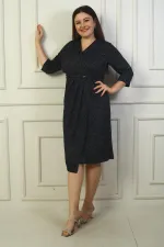 Kadın Kruvaze Yaka Uzun Kollu Astarlı Pileli Beli Aksesuar Detaylı Büyük Beden Simli Kısa Elbise