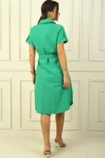 Double-pocket, button-front, belted linen-effect dress.