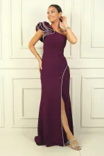 Tek Marul Omuzlu Astarlı Parlak Taş Detaylı Krep Balık Abiye Elbise