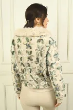 Veste en tulle à motif floral, fermeture éclair et col en fourrure pour femme