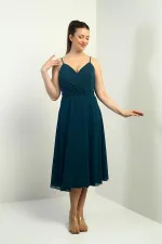 Women's Strappy Wrap Neckline Lined Lace-Up Back Flared Chiffon Dress