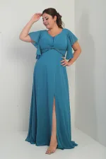 Robe en mousseline de soie grande taille pour femme, col en V, manches à volants, taille doublée, poche perlée