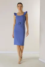 Askıları Fırfırlı Glop Detaylı Astarllı Beli Kemerli Krep Elbise