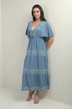 Women's Wrap Neckline Back Lace-Up Elastic Waist Batwing Sleeve Embroidered Long Dress