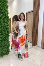 Women's Patara One-Shoulder Side-Cutout Large Floral Pattern Long Crepe Satin Dress