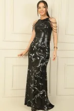 Halter Neck Sleeveless Beaded Detail Sequin Mermaid Dress