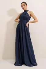 Boyundan Bağlamalı Astarlı Simli Uzun Elbise