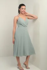 Kadın İp Askılı Kruvaze Yaka Astarlı Arkası Bağcıklı Kloş Şifon Elbise