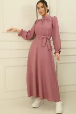 Beli Kuşaklı Yandan Cepli Keten Efekt Uzun Elbise