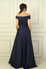 Kadın Madonna Yaka Önü Büzgülü Astarlı Pelerinli Saten Uzun Elbise