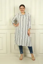 Kadın Sahte Tek Cepli Kol Katlamalı Boyuna Çizgili Büyük Beden Uzun Tunik Gömlek