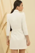 Shoulder Padded, Half Lined, One Side Pleated, Sleeve Chain Detailed Dress