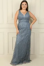 Kadın Ön Arka V Yaka Astarlı Boncuk Detaylı Büyük Beden Pulpayet Uzun Elbise