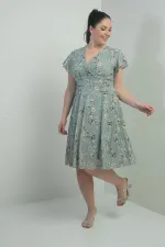 Robe en lin imprimé grande taille, doublée, col croisé, manches volantées