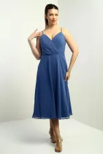 Kadın İp Askılı Kruvaze Yaka Astarlı Arkası Bağcıklı Kloş Şifon Elbise