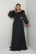 Çiçekli Madonna Yaka Kemerli Astarlı Şifon B.B. Uzun Elbise