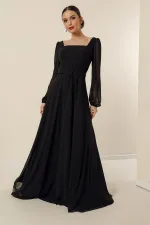 Square Neck Belted Lined Chiffon Long Evening Dress