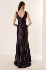 Draped, Flounced Front, Lined, Wide-Size, Long Satin Dress