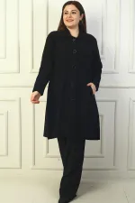 Kaban Boyuna Sim Çizgili Cepli Önü Düğmeli Büyük Beden Triko Kaban