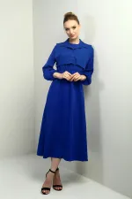 Women's Button-Down Detachable Vest, Elastic Waist, Long-Sleeved Midi Dress