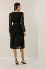 Kruvaze Yaka Beli Kemerli Pileli Astarlı Şifon Elbise