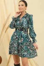 Wrap-around polo shirt, belted waist, lined, leopard print satin dress.