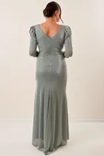 Robe longue pailletée à manches trois-quarts et volants sur le devant, grande taille