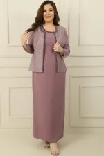 Ensemble 2 pièces grande taille composé d'une robe longue en crêpe doublée à col en pierre et d'une veste à paillettes