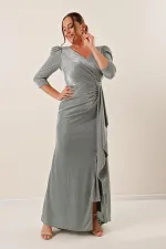 Robe longue pailletée à manches trois-quarts et volants sur le devant, grande taille