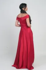 Kadın Madonna Yaka Önü Büzgülü Astarlı Pelerinli Saten Uzun Elbise