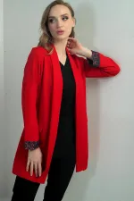 Kadın Şal Yaka Kol Ucu Leopar Desenli Likralı Uzun Ceket