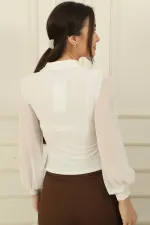 Chiffon Sleeves Metal Button Front Lycra Shirt