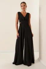 Waist-detailed, front and back V-neck, lined chiffon jumpsuit.