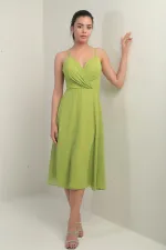 Women's Strappy Wrap Neckline Lined Lace-Up Back Flared Chiffon Dress